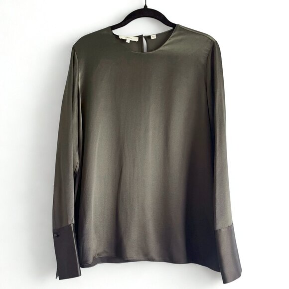 Vince 100% Silk Blouse Women’s Size 6 – Olive Taupe Green Long Sleeve Top Small - Picture 1 of 7